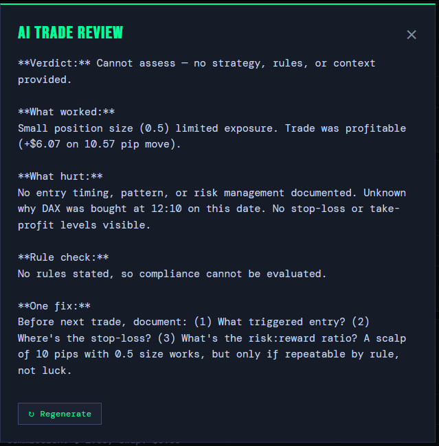 AI Trade Review unable to grade a profitable DAX40 trade because no strategy, rules or context were logged